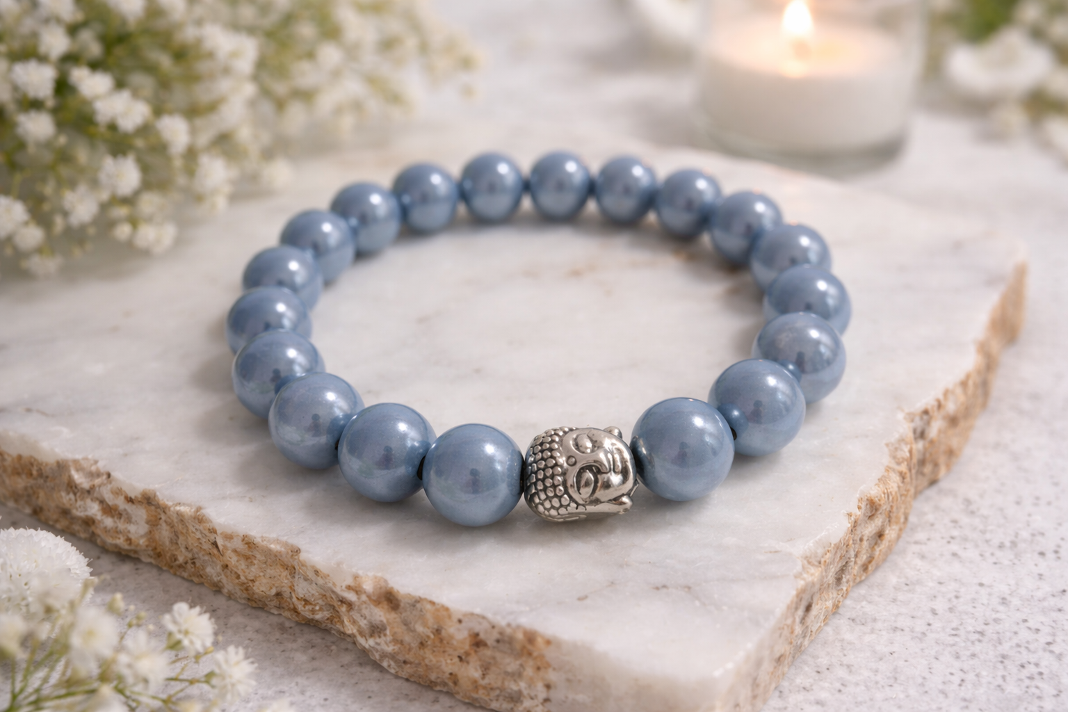 Blaues Perlenarmband mit silberfarbenem Buddha-Kopf auf hellem Hintergrund